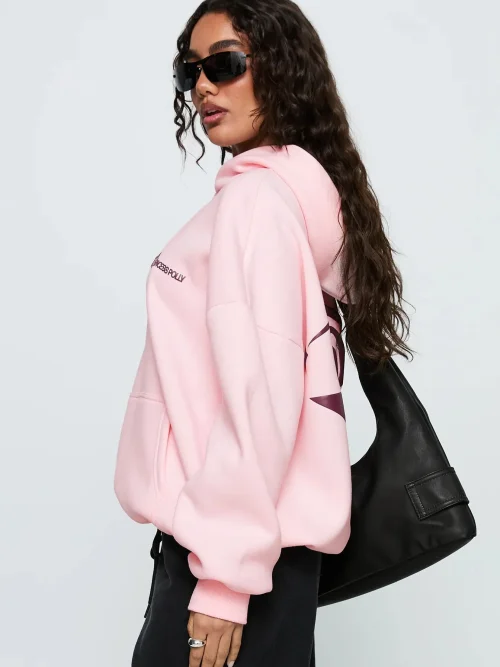 Alternative view of Custom logo print loose pink hoodies sweatshirt