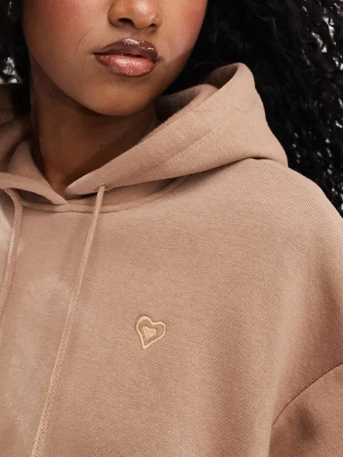 Light brown soft-textured hoodie custom with heart embroidery - Image 3