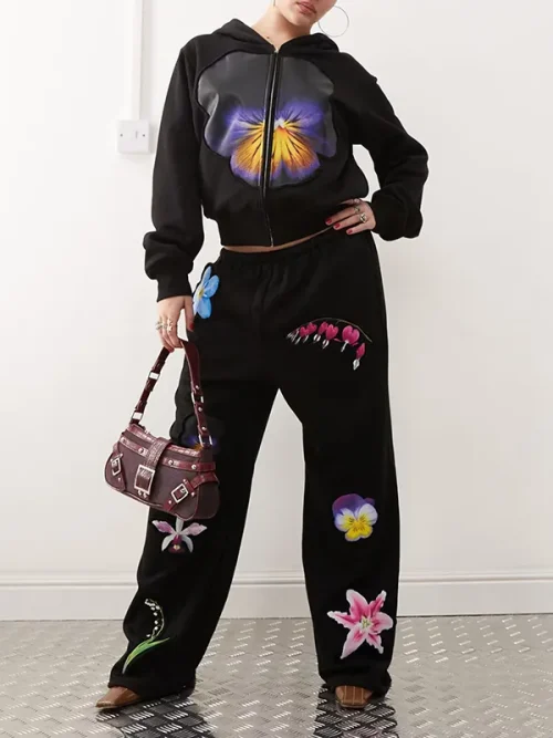 Custom Black Cropped Floral Print Zip-Up Hoodie Design