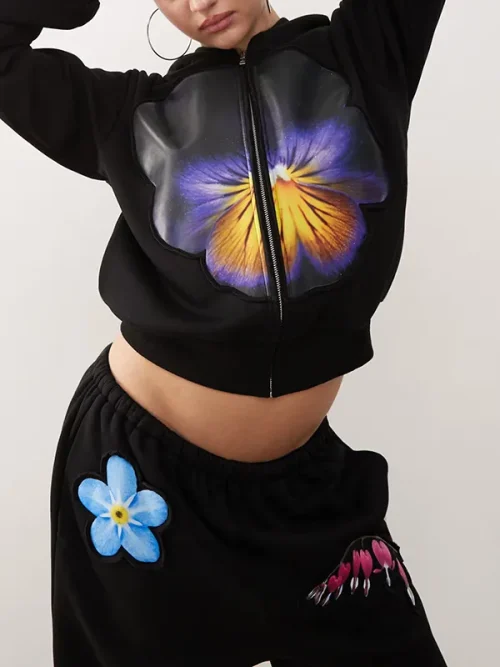 Alternative view of Custom Black Cropped Floral Print Zip-Up Hoodie Design