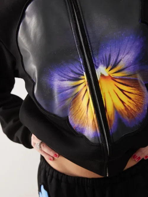 Custom Black Cropped Floral Print Zip-Up Hoodie Design - Image 3