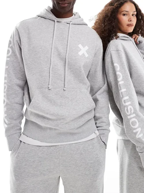 Custom couple light grey  drawstring hoodies with logo print