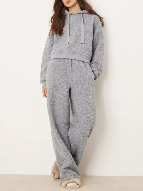 Custom made Grey Sherpa Cropped Drawstring Hoodie Set