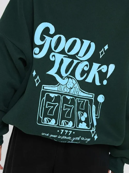 Customizing dark green lucky symbol dropped shoulder sleeve hoodie - Image 3