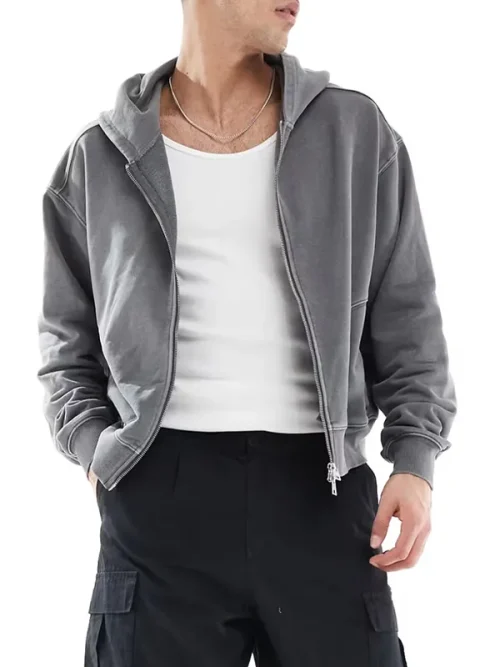 Alternative view of Custom Heavy Cotton Premium Gray Zipper Hoodies Cardigan Sweatshirt