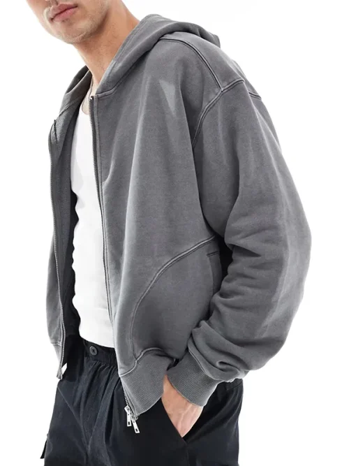 Custom Heavy Cotton Premium Gray Zipper Hoodies Cardigan Sweatshirt