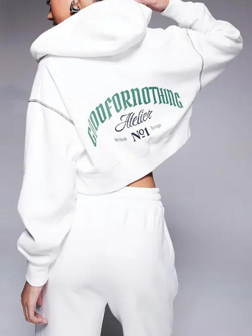 Custom white crop hoodie dropped shoulder sleeves - Image 3