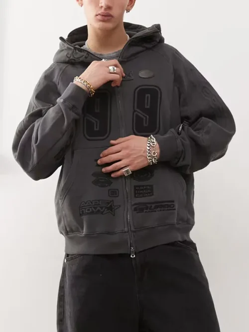 Custom design dark grey multi-element embroidered turtleneck hoodie - Image 3