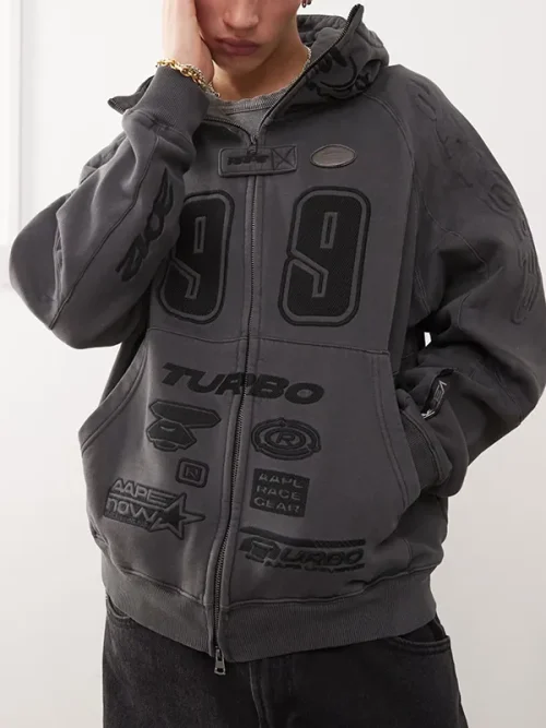 Custom design dark grey multi-element embroidered turtleneck hoodie