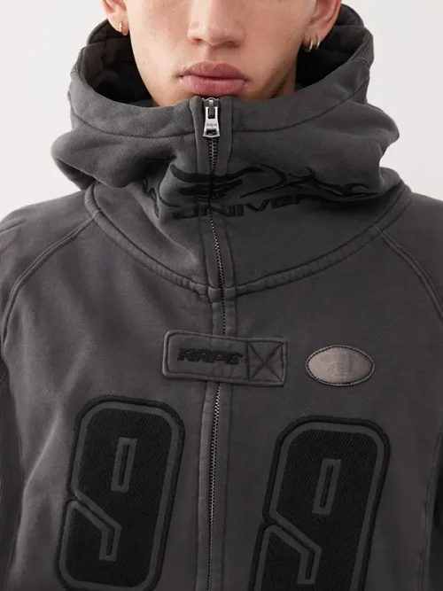 Alternative view of Custom design dark grey multi-element embroidered turtleneck hoodie