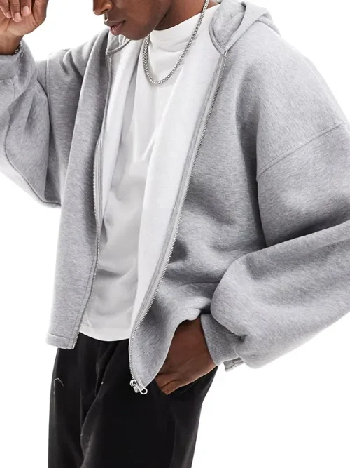 Custom high-grade gray loose zip-up hoodies for men - Image 3
