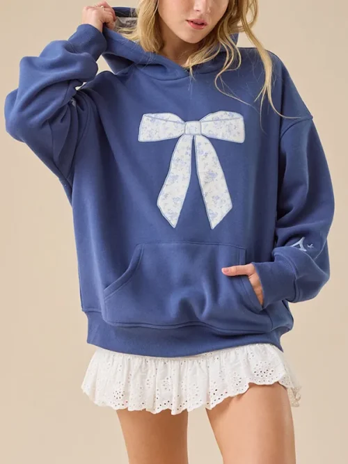 Custom blue drawstring hoodie floral bow ideas - Image 3