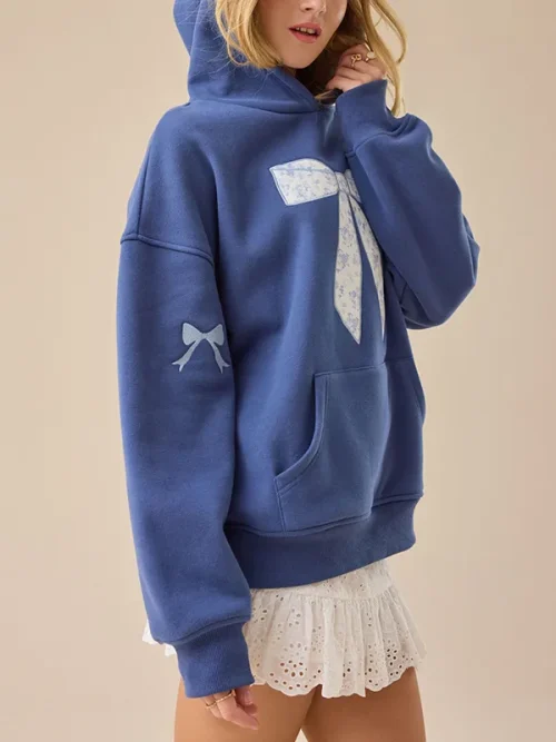 Custom blue drawstring hoodie floral bow ideas - Image 4