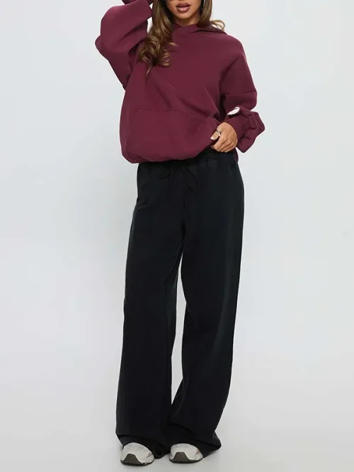 Custom burgundy batwing sleeve loose-fitting drawstring hoodies women - Image 4
