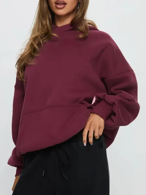 Custom burgundy batwing sleeve loose-fitting drawstring hoodies women