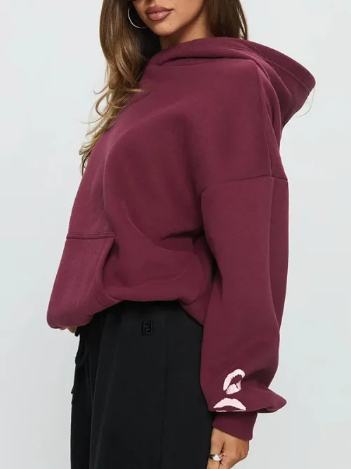 Alternative view of Custom burgundy batwing sleeve loose-fitting drawstring hoodies women