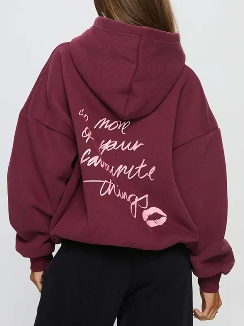 Custom burgundy batwing sleeve loose-fitting drawstring hoodies women - Image 3