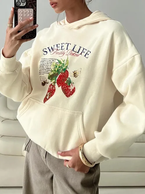 Custom strawberry and bee print heavy pullover hoodie - Image 3