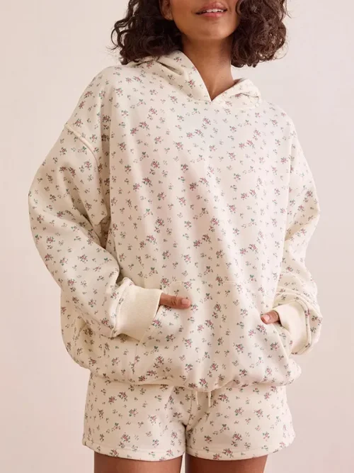 Custom off-white floral loose drawstring pullover hoodies suit