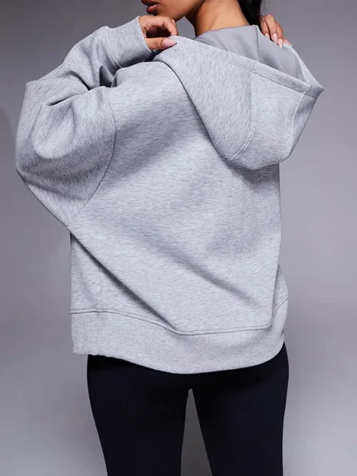 Custom womens Light grey loose zip-up hooded cardigan