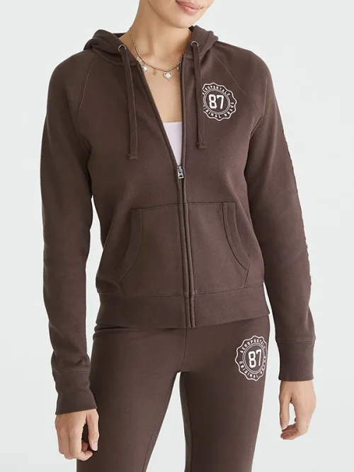Custom Brown Embroidered Badge Zip Up Sport Hoodies