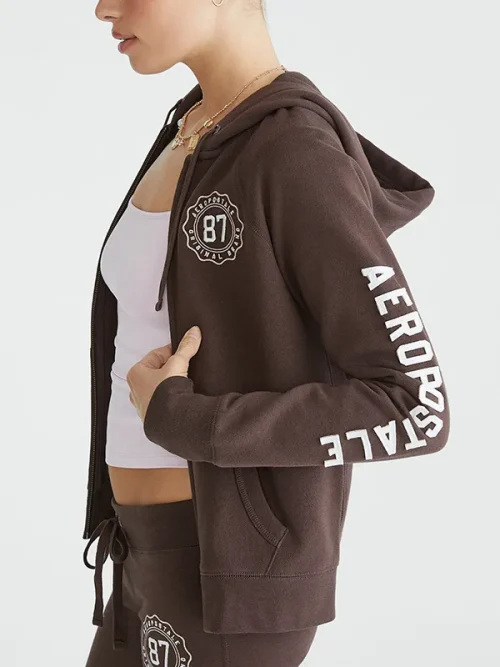 Alternative view of Custom Brown Embroidered Badge Zip Up Sport Hoodies