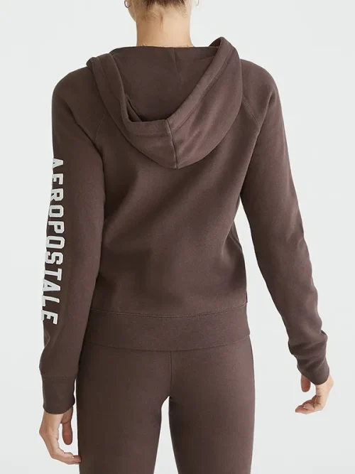 Custom Brown Embroidered Badge Zip Up Sport Hoodies - Image 3