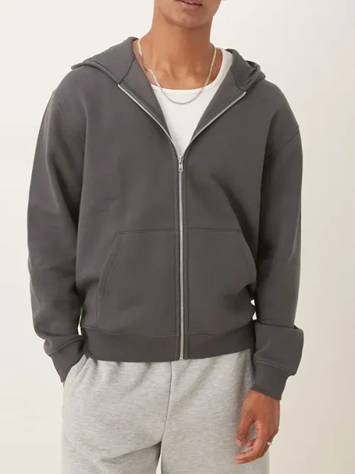 Customized Drop Shoulder Sleeve Dark Grey Zip Up Hoodies Cardigan