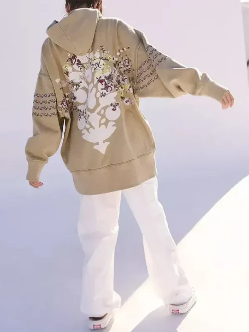 Alternative view of Custom batwing sleeve Khaki hoodie with embroidery