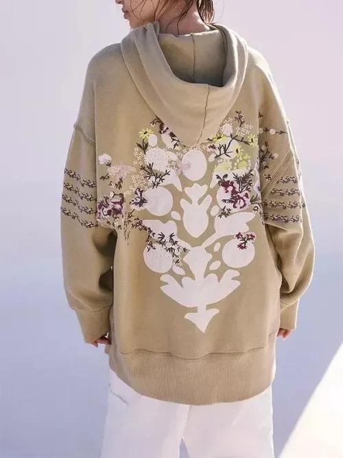 Custom batwing sleeve Khaki hoodie with embroidery - Image 3
