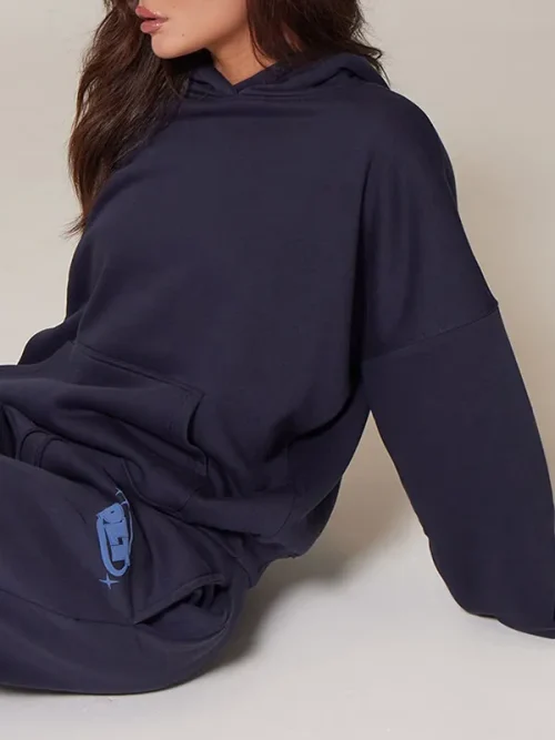 Letter puff print custom blue loose hoodie - Image 3
