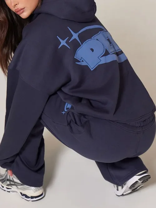 Letter puff print custom blue loose hoodie - Image 4