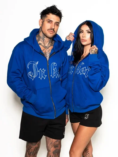 Custom Embroidered Royal Blue Couple's Heavy Cotton Zip Up Goodies