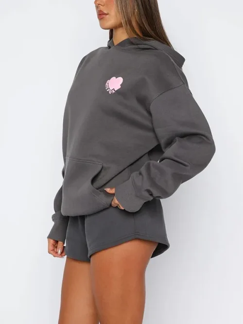 Alternative view of Custom double heart puff print dark grey drop-shoulder hoodies