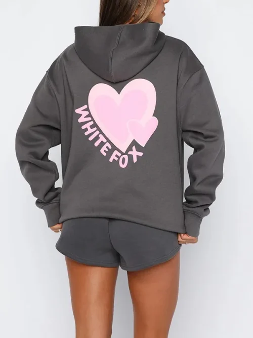 Custom double heart puff print dark grey drop-shoulder hoodies - Image 3