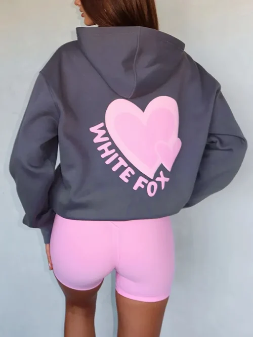 Custom double heart puff print dark grey drop-shoulder hoodies - Image 4