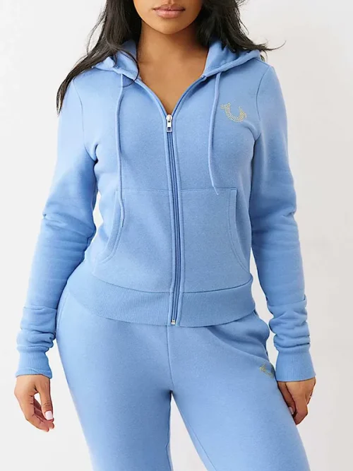 Custom rhinestone dark blue hoodie cardigan with zip-up