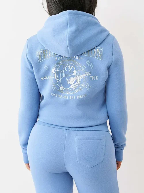 Custom rhinestone dark blue hoodie cardigan with zip-up - Image 3