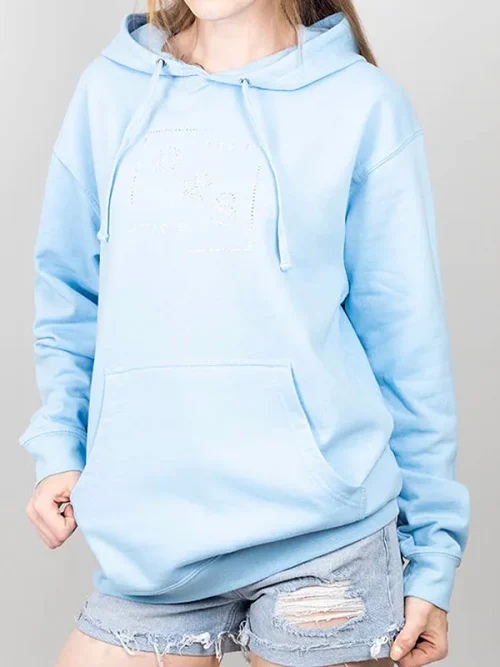 Alternative view of Custom lettering rhinestone light blue hoodies