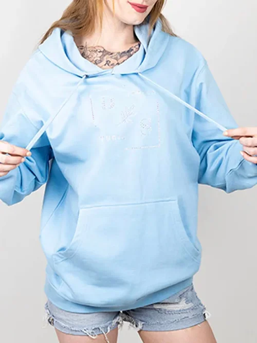 Custom lettering rhinestone light blue hoodies