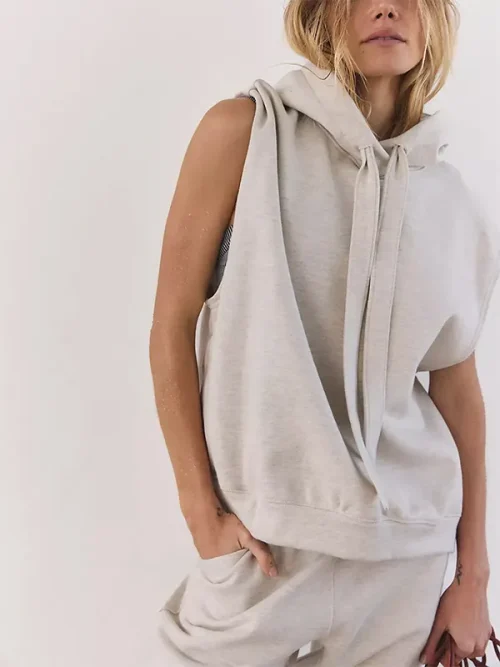 Custom light grey sleeveless hoodie with drawstring design