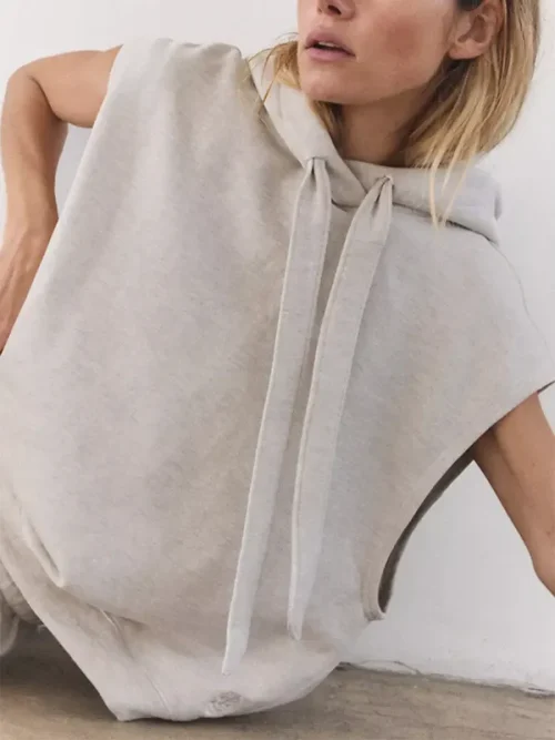 Alternative view of Custom light grey sleeveless hoodie with drawstring design