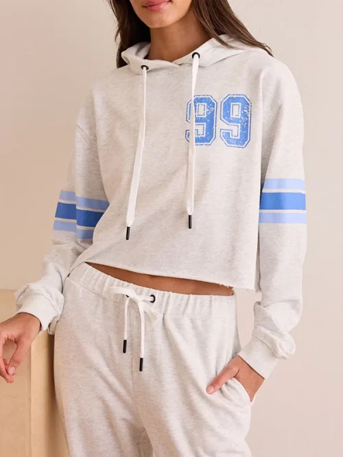 Custom light grey cropped sports hoodies with roman numeral print
