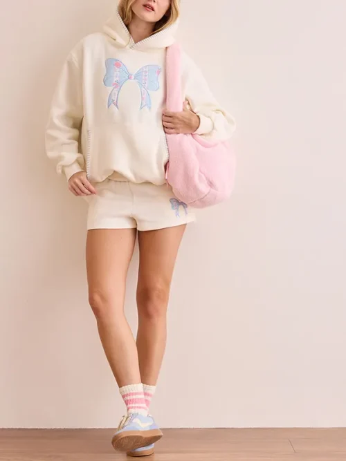 Custom thick off-white 3D bow embroidered white hoodie