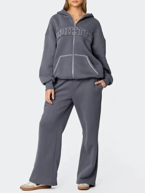 Custom dark grey stand-up collar zip-up hoodie with 3D LOGO embroidery - Image 4