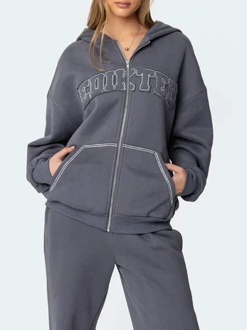 Custom dark grey stand-up collar zip-up hoodie with 3D LOGO embroidery
