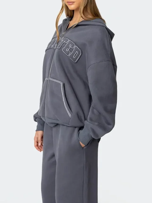 Alternative view of Custom dark grey stand-up collar zip-up hoodie with 3D LOGO embroidery