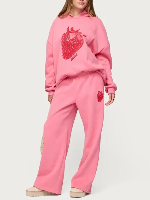 As colour custom pink strawberry print dropped shoulder sleeve hoodies - Image 4