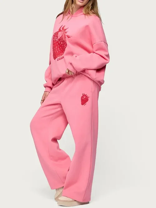 As colour custom pink strawberry print dropped shoulder sleeve hoodies - Image 5