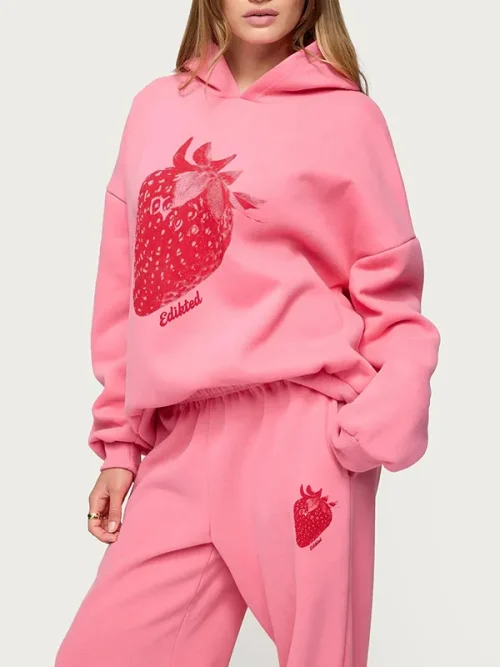 Alternative view of As colour custom pink strawberry print dropped shoulder sleeve hoodies